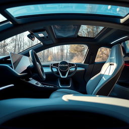 The interior of a futuristic electric vehicle featuring a sleek and modern design