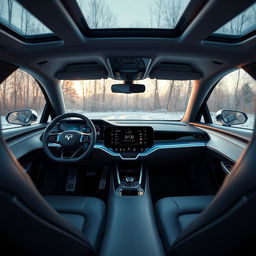 The interior of a futuristic electric vehicle featuring a sleek and modern design