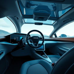 The interior of a futuristic electric vehicle featuring a sleek and modern design