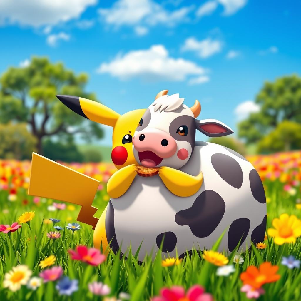 A whimsical scene depicting Pikachu, the iconic Pokemon, happily eating a cartoonish, oversized cow