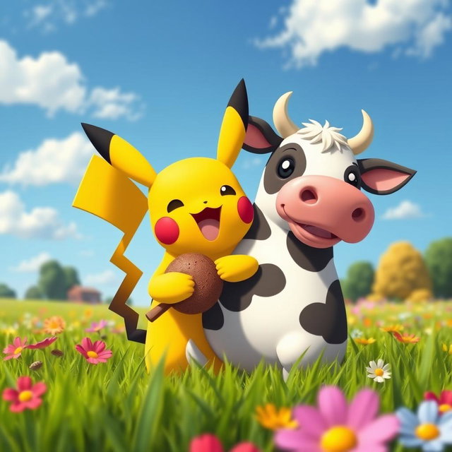 A whimsical scene depicting Pikachu, the iconic Pokemon, happily eating a cartoonish, oversized cow
