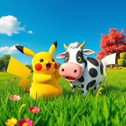 A whimsical scene depicting Pikachu, the iconic Pokemon, happily eating a cartoonish, oversized cow