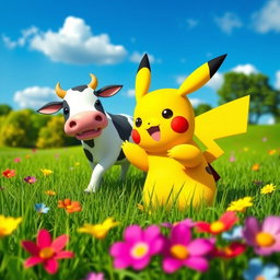 A whimsical scene depicting Pikachu, the iconic Pokemon, happily eating a cartoonish, oversized cow