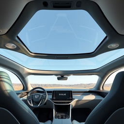 The interior of a futuristic electric vehicle featuring a sleek and high-tech design
