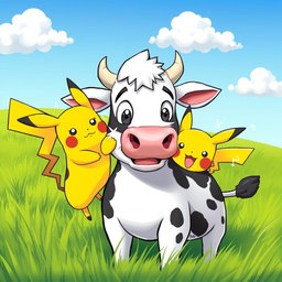 A whimsical and playful scene of a cartoon-style cow with exaggerated features, looking surprised as it is playfully being zapped by a cheerful Pikachu