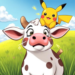 A whimsical and playful scene of a cartoon-style cow with exaggerated features, looking surprised as it is playfully being zapped by a cheerful Pikachu