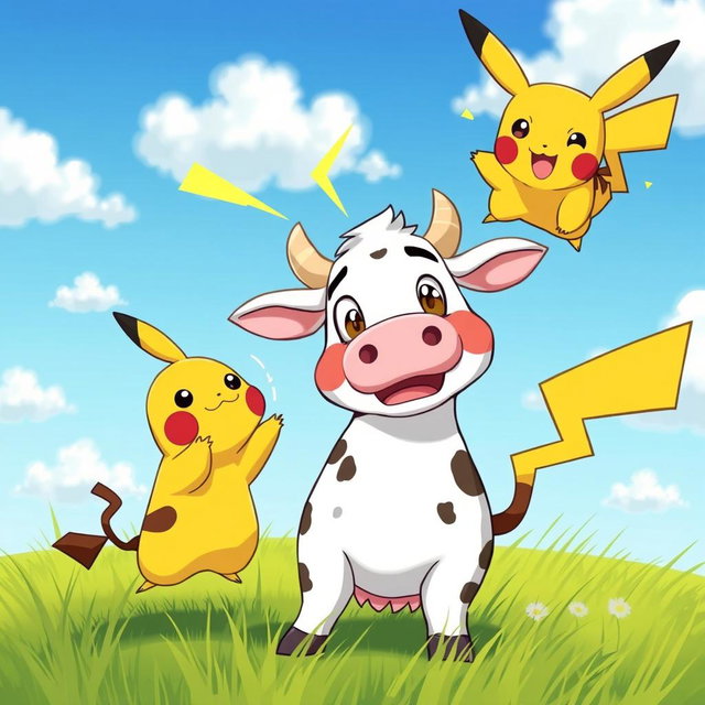 A whimsical and playful scene of a cartoon-style cow with exaggerated features, looking surprised as it is playfully being zapped by a cheerful Pikachu