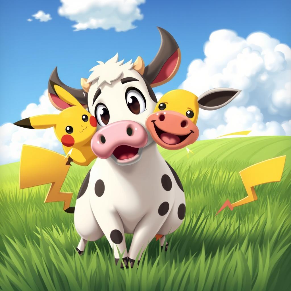 A whimsical and playful scene of a cartoon-style cow with exaggerated features, looking surprised as it is playfully being zapped by a cheerful Pikachu