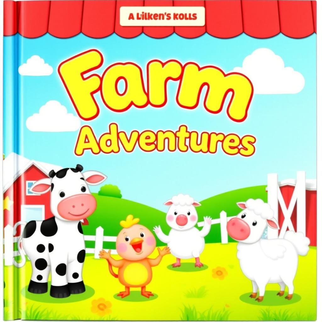 A colorful and engaging children's book cover featuring adorable farm animals, including a cow, pig, chicken, and sheep, set in a vibrant farm landscape with a red barn and green fields