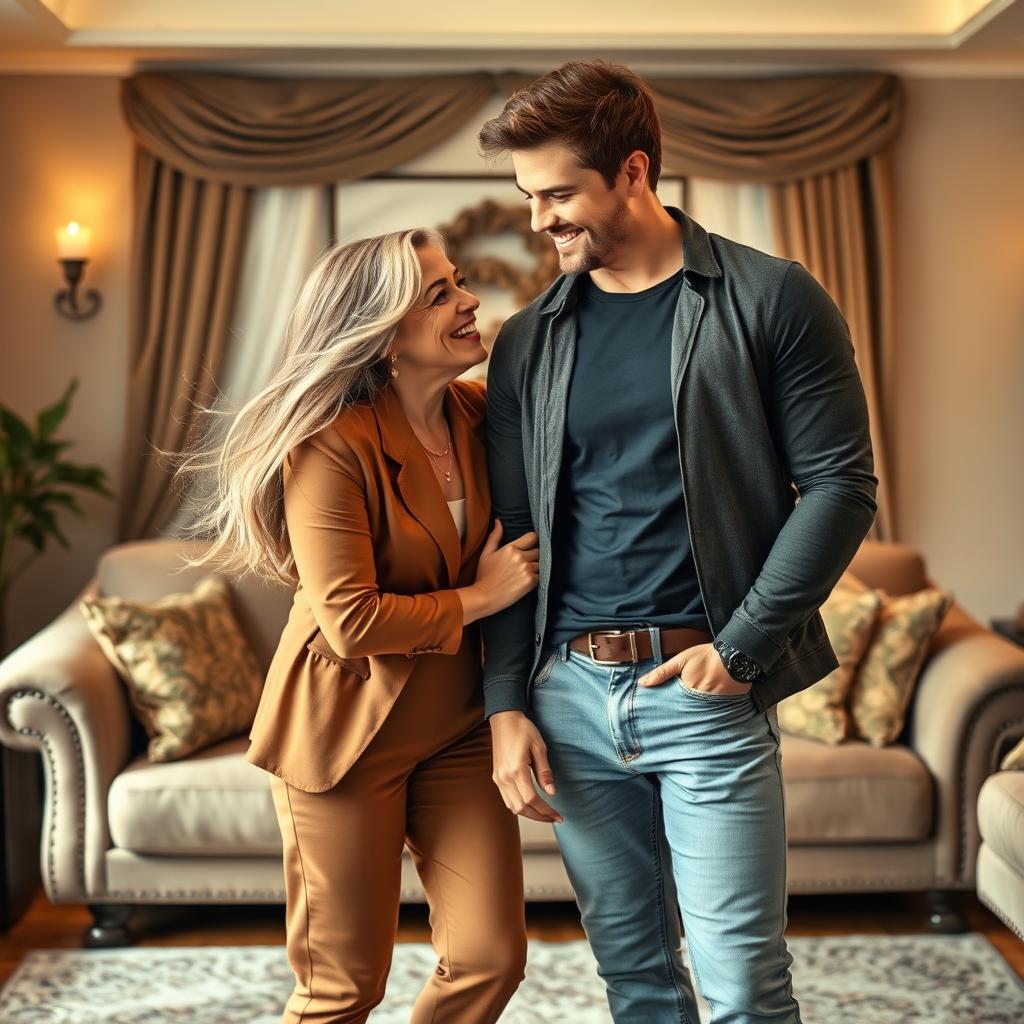A visually striking and charismatic scene featuring an attractive, confident older woman (aunt) engaging playfully with a younger adult male (big boy)