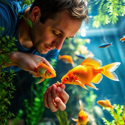 A man gently feeding a colorful, vibrant fish in an aquarium
