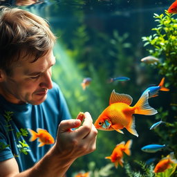 A man gently feeding a colorful, vibrant fish in an aquarium