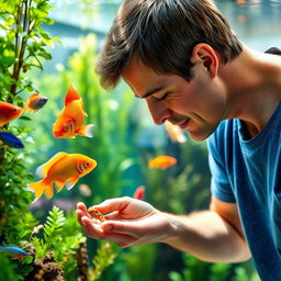 A man gently feeding a colorful, vibrant fish in an aquarium