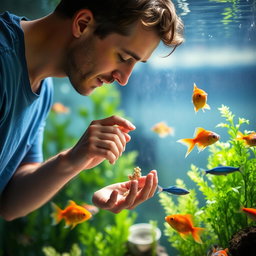 A man gently feeding a colorful, vibrant fish in an aquarium