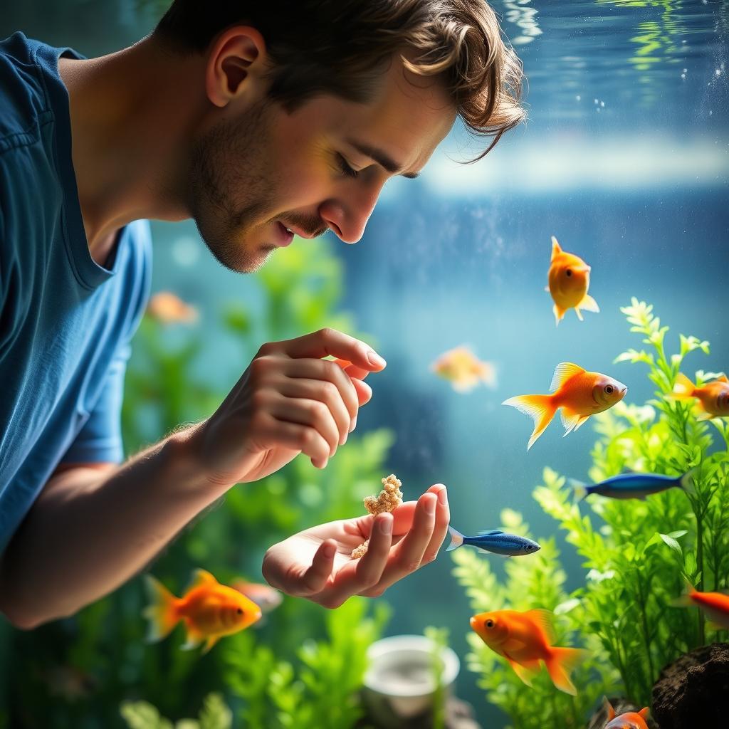 A man gently feeding a colorful, vibrant fish in an aquarium