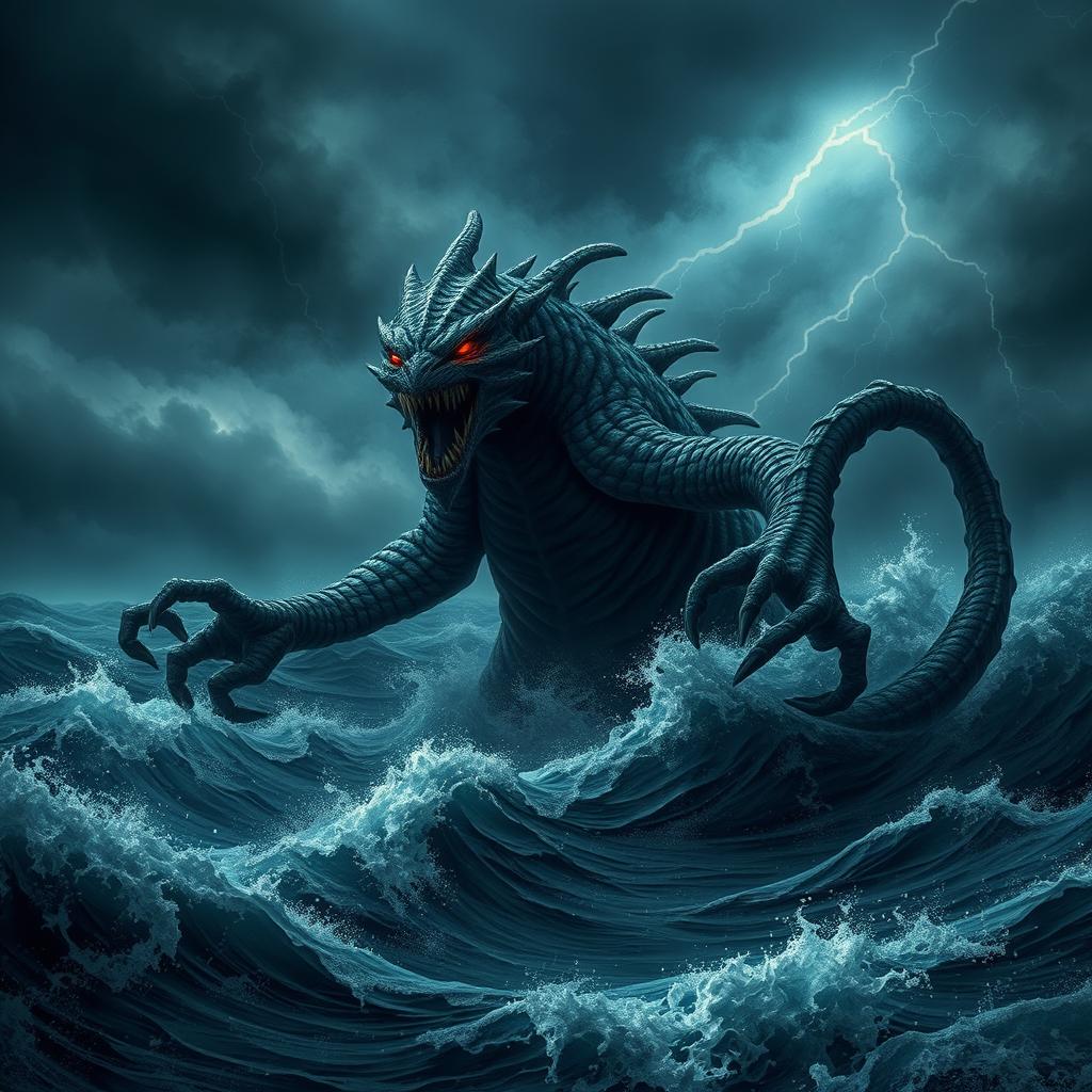A dark and stormy sea with turbulent waves crashing against each other