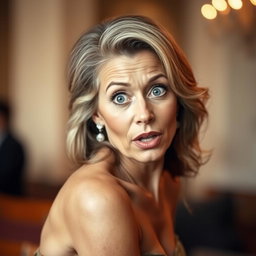 A beautiful 60-year-old woman with a surprised expression, looking directly at the camera