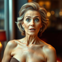 A beautiful 60-year-old woman with a surprised expression, looking directly at the camera