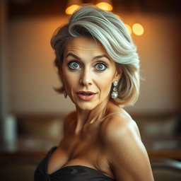 A beautiful 60-year-old woman with a surprised expression, looking directly at the camera