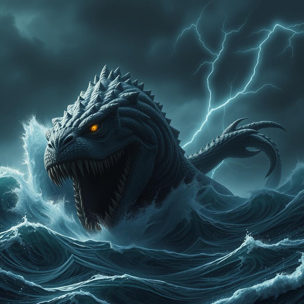 A hyper-realistic scene of a vast, dark sea under a stormy sky