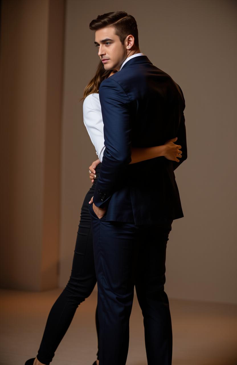 A scene depicting a stylish man standing confidently with his back to a woman, who is affectionately hugging him from behind