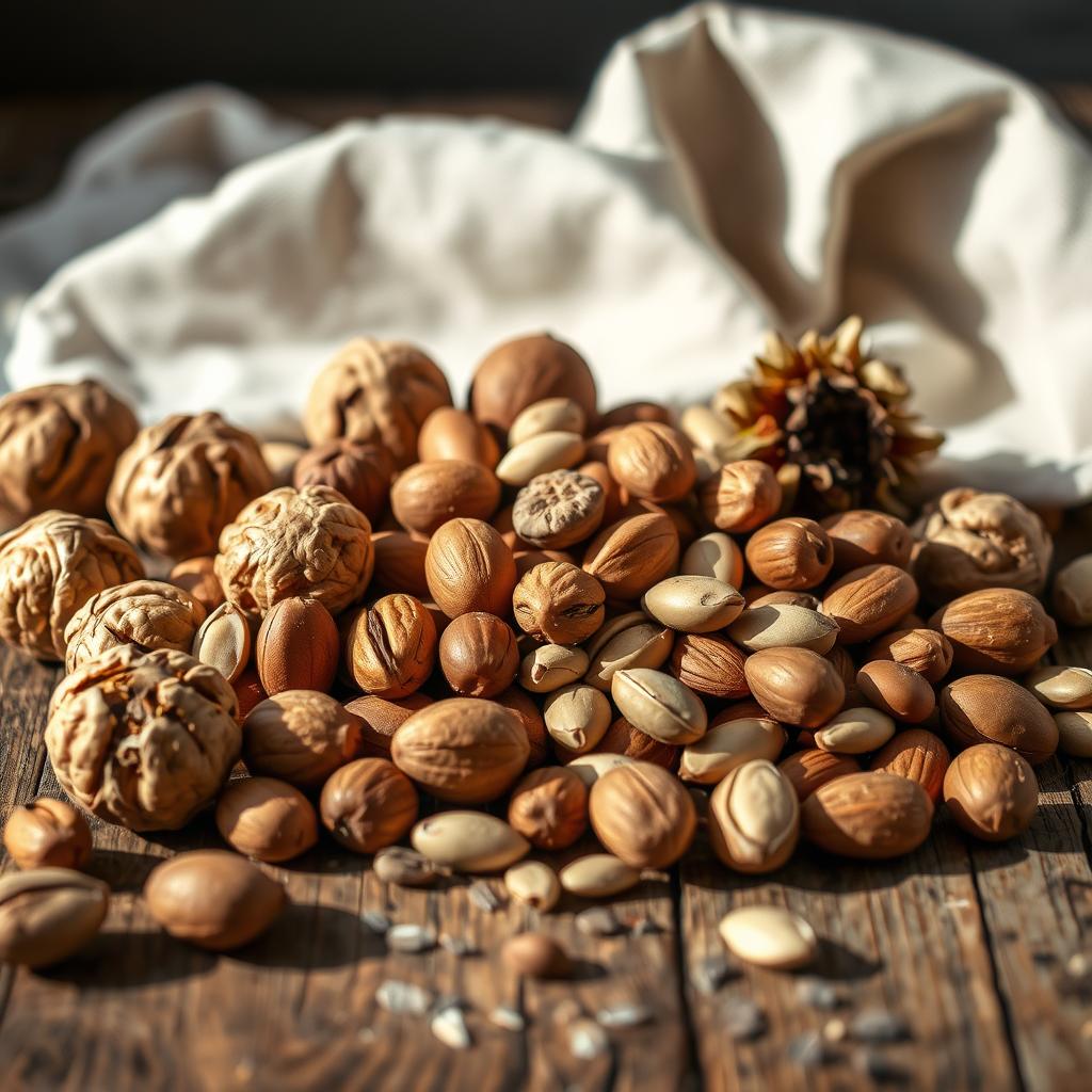 A beautiful still life arrangement featuring an assortment of nuts: walnuts, hazelnuts, almonds, and sunflower seeds