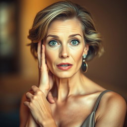 A beautiful 60-year-old woman with a surprised expression, directly facing the camera