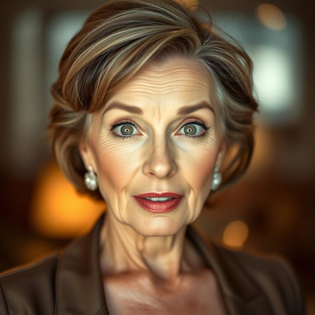 A beautiful 60-year-old woman with a surprised expression, directly facing the camera