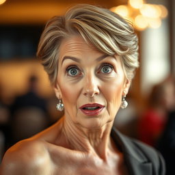 A beautiful 60-year-old woman with a surprised expression, directly facing the camera