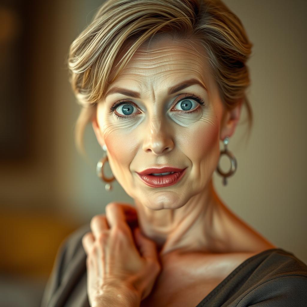 A beautiful 60-year-old woman with a surprised expression, directly facing the camera