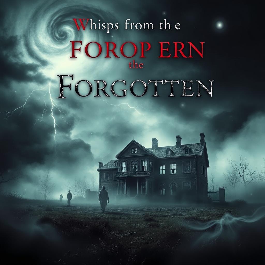 A chilling horror book cover featuring a ghostly landscape shrouded in mist and darkness