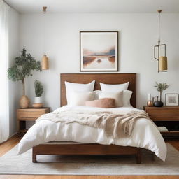 A spacious, well-lit bedroom with white walls, a plush queen-sized bed covered in soft pillows and blankets, a wooden nightstand with a lamp, and wall-mounted artworks.