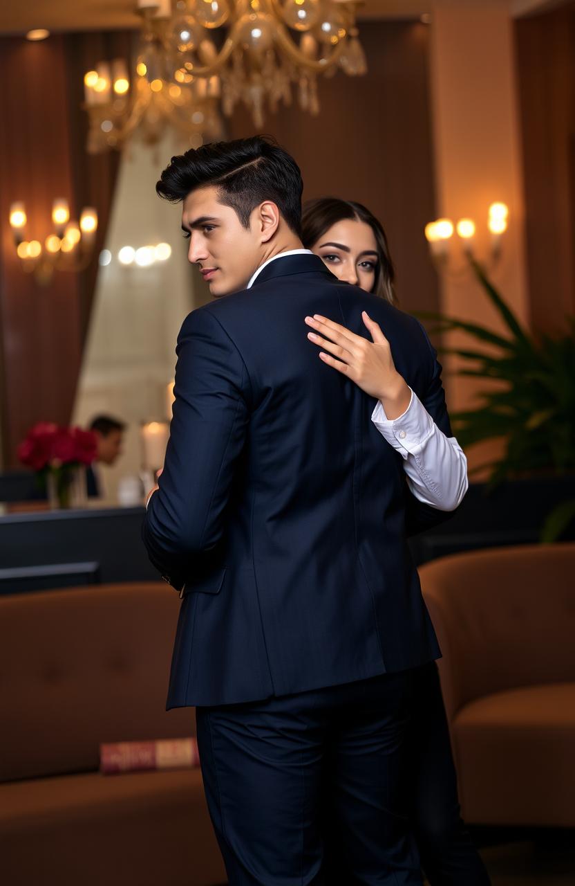 A scene capturing a couple embracing in a romantic setting