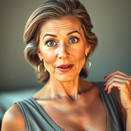 A beautiful 60-year-old woman with a surprised expression, facing the camera directly