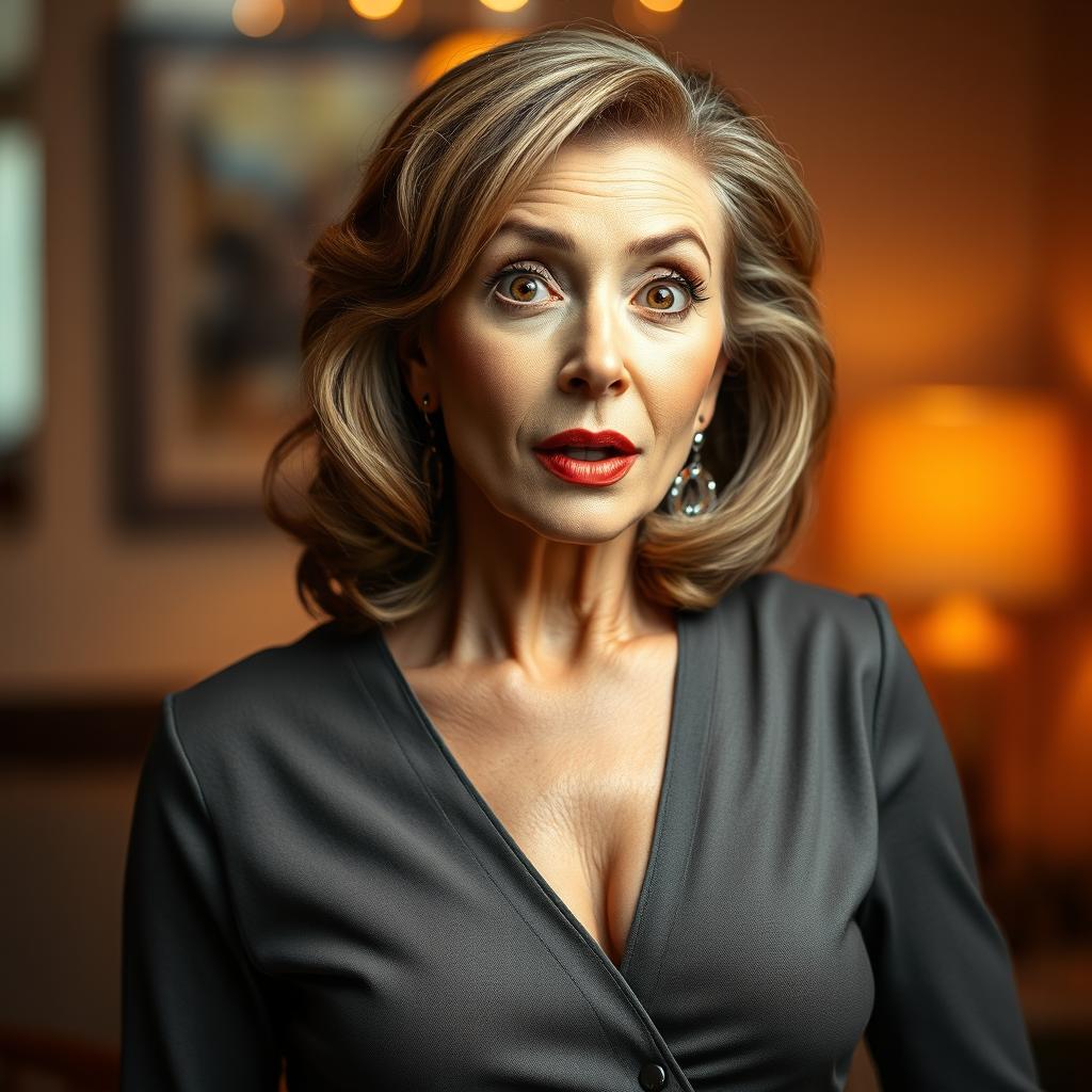 A beautiful 60-year-old woman with a surprised expression, facing the camera directly