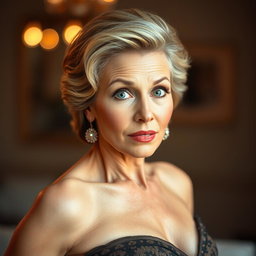 A beautiful 60-year-old woman with a surprised expression, facing the camera directly