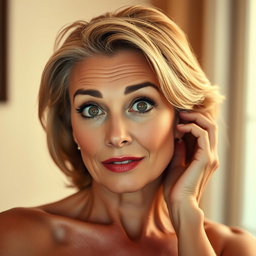 A beautiful 60-year-old woman with a look of surprise on her face, looking directly at the camera with an engaging and sensual pose