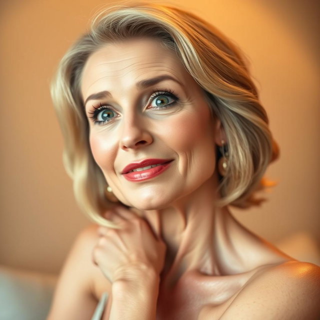 A beautiful 60-year-old woman with a look of surprise on her face, looking directly at the camera with an engaging and sensual pose