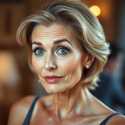 A beautiful 60-year-old woman with a look of surprise on her face, looking directly at the camera with an engaging and sensual pose