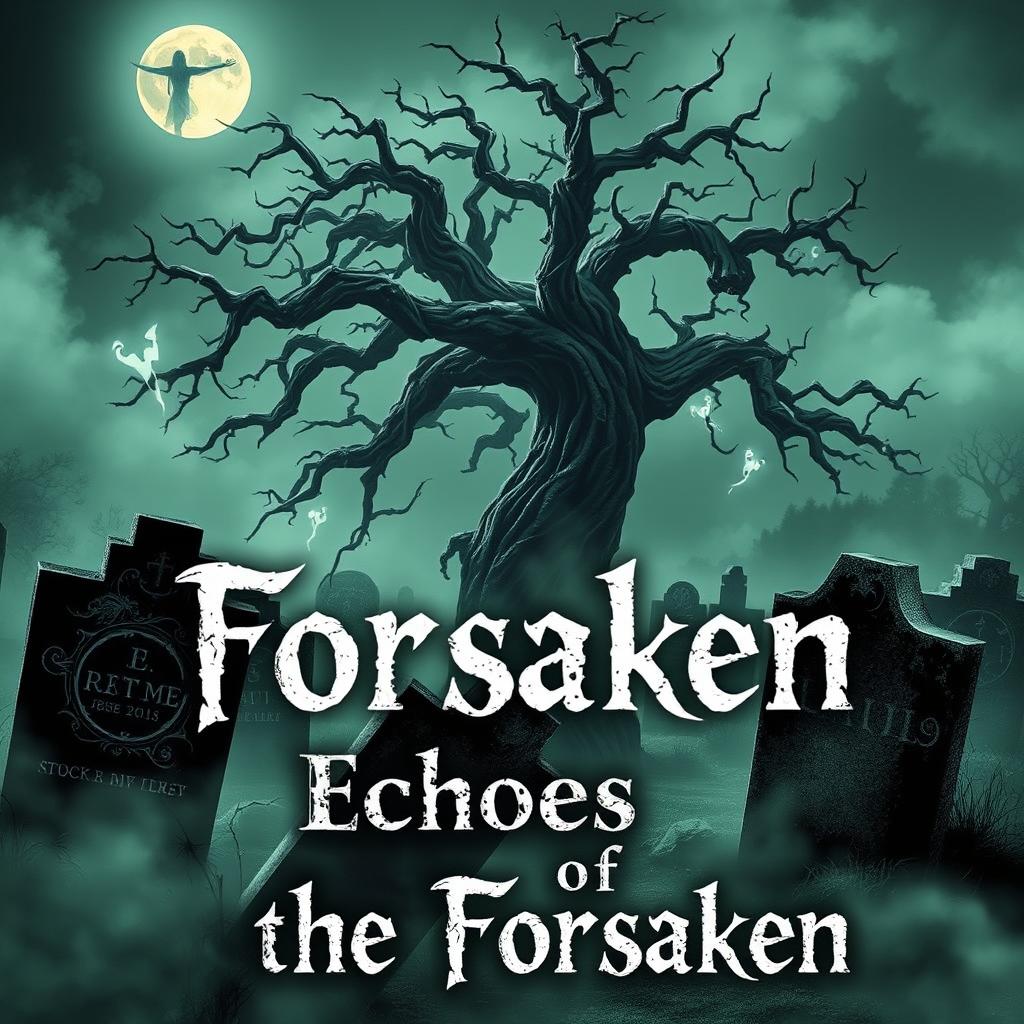 An eerie horror book cover depicting a fog-laden graveyard under a haunting moonlight