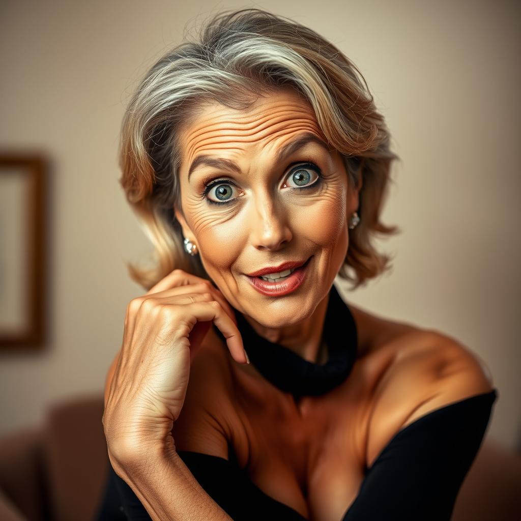 A stunning 60-year-old woman with an expression of surprise on her face, facing the camera directly while posing in a sensual position