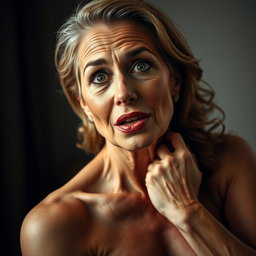 A stunning 60-year-old woman with an expression of surprise on her face, facing the camera directly while posing in a sensual position