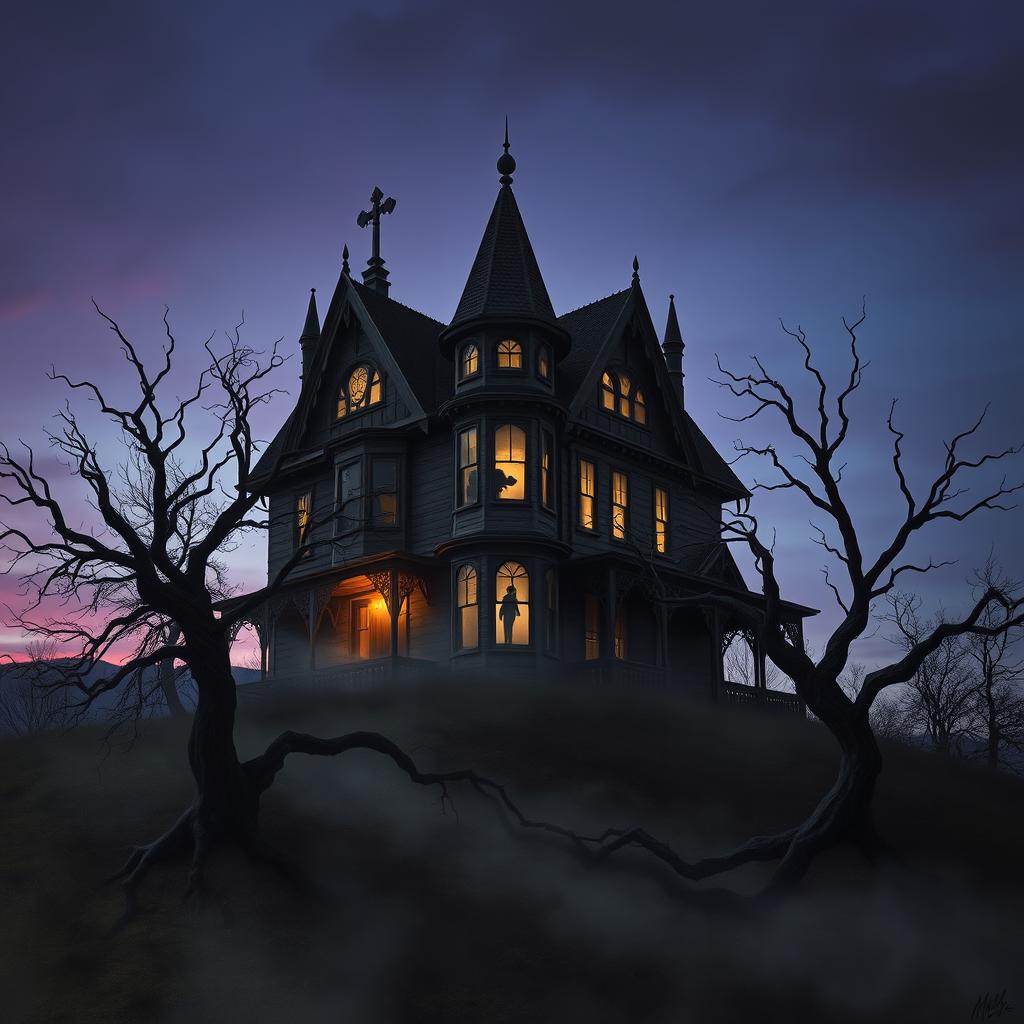 An atmospheric depiction of a very paranormal house set on a desolate hillside during twilight