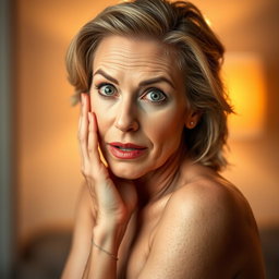A gorgeous 60-year-old woman with an expression of surprise on her face, facing the camera directly while posed in a sensual manner