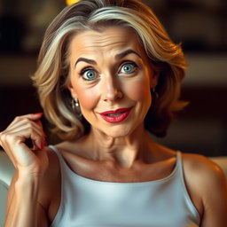 A gorgeous 60-year-old woman with an expression of surprise on her face, facing the camera directly while posed in a sensual manner
