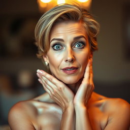 A gorgeous 60-year-old woman with an expression of surprise on her face, facing the camera directly while posed in a sensual manner