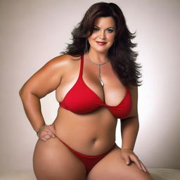 A provocative photo of a voluptuous milf woman wearing a very short red bikini