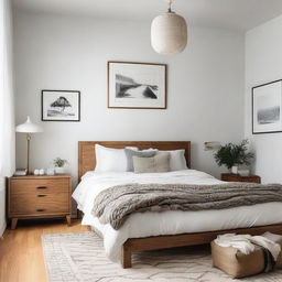 A spacious, well-lit bedroom with white walls, a plush queen-sized bed covered in soft pillows and blankets, a wooden nightstand with a lamp, and wall-mounted artworks.