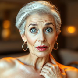 A stunning 60-year-old woman displaying a surprised expression, directly facing the camera while posed in a sensual manner