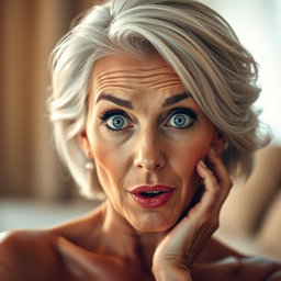 A stunning 60-year-old woman displaying a surprised expression, directly facing the camera while posed in a sensual manner
